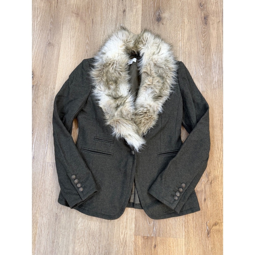 Loft Gorpcore Faux Fur Collar Wool Blend Blazer Women 6 Olive Green Equestrian